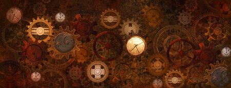 Industrial steampunk machine with an intricate clockwork made of wheels and clocksの写真素材