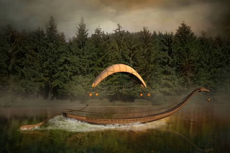 Elf boat journey in the enchanted misty lakeの写真素材