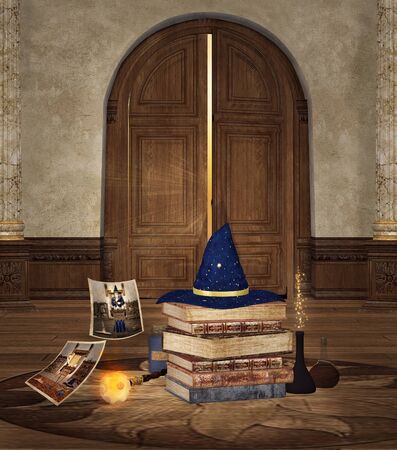 Wizard hat and ritual objects in an old alchemical roomの写真素材
