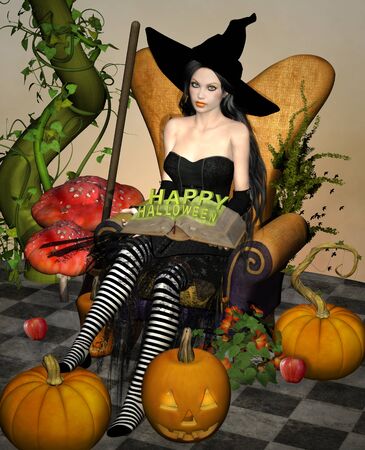 Sexy halloween witch surrounded by pumpkinsの写真素材