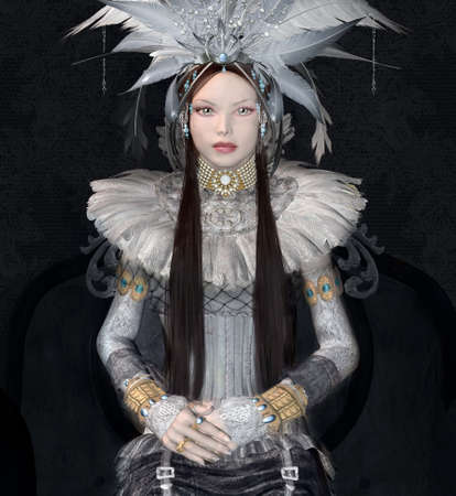 Young russian princess sitting on an armchair wearing a glamor dress and precious jewelsの写真素材