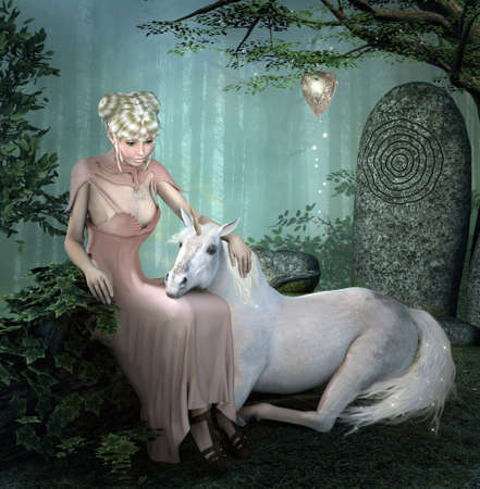 Enchanting lady and a white unicorn in the foggy forestの写真素材