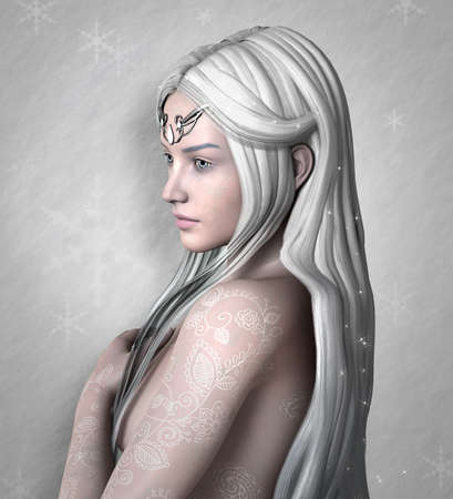 Beautiful girl with long with hair portraying winter on a snowflakes background - 3D illustrationの写真素材