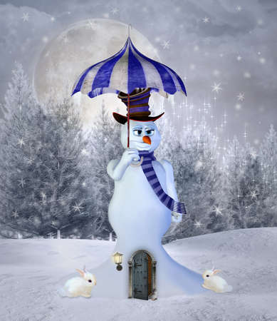 Surreal snowman with an umbrellaの写真素材