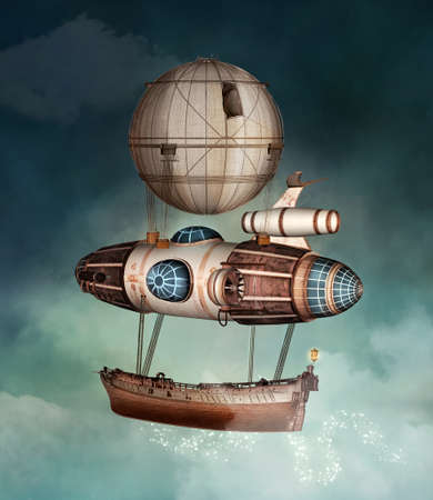 Steampunk fantasy vessel flying in a stormy skyの写真素材