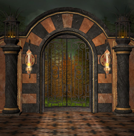 Ancient wrought iron gate taking to a dark misty forestの写真素材