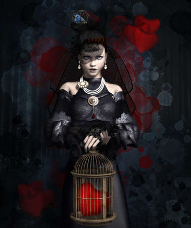 Bride in a black dress with a lonely heart in a cageの写真素材