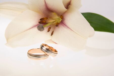 composition with gold wedding rings and lilyの写真素材
