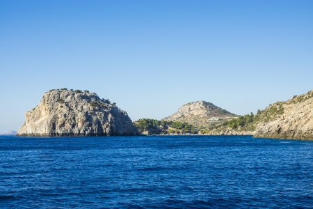 Blue sea sky and mountains near Lindos  Rhodes island, Greece の写真素材