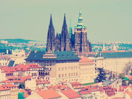  Old Prague panorama with sityscape of Hradcany, St. Vitus Cathedral and red roofs czech republicのeditorial素材