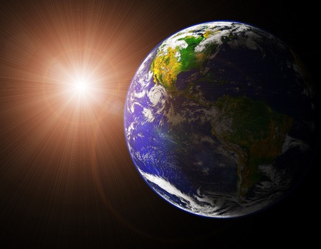 view of earth and sun from space orbitの写真素材