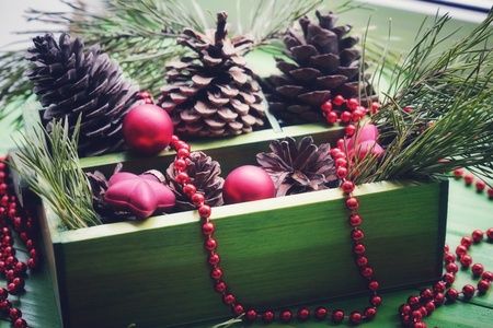 Christmas Decoration Over Wooden Background. Decorations over Wood. Vintage.の写真素材