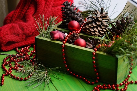 Christmas Decoration Over Wooden Background. Decorations over Wood. Vintage.の写真素材
