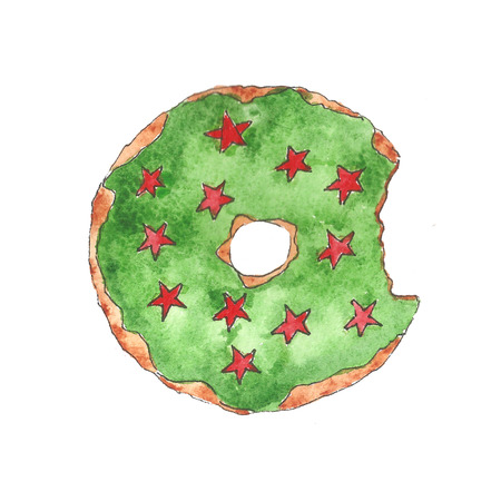 quick watercolor sketch with Christmas donuts and sweets. Happy New Year Posters. Cute Pig symbol of 2019. Greeting Card banner, Invitation, Poster Template, holiday illustrationの写真素材