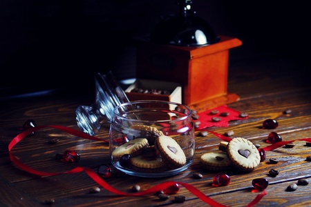 cookies in the shape of hearts, on the cookie letters LOVE. the concept of a gift for Valentines day on February 14. selective focusの写真素材