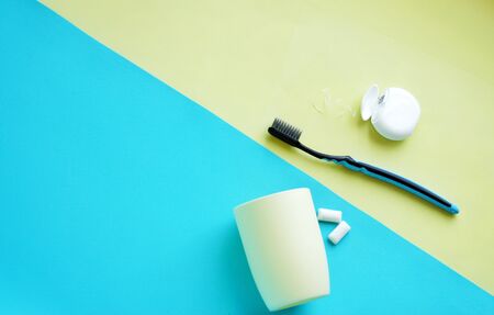 Oral hygiene, dental hygiene using dental tools, dental floss, irrigator, brush, chewing gum. The concept of healthの写真素材