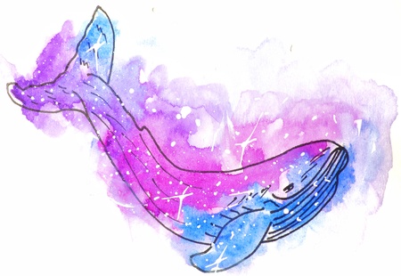 sketch illustration, tattoo style: whale contour, killer whale against a background of pink and lilac cosmos-like spots with white stars, suitable for t-shirt printing .の写真素材