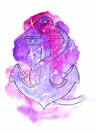 sketch illustration, tattoo style: contour of sea anchor on a background of pink and mauve cosmos-like spots with white stars, suitable for printing T-shirtsの写真素材