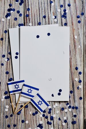 isral flag on white background, israel Flags chain on a white background, Israeli Star of David official flags, street decoration for the Israel Independence Day Yom Haatzmautの写真素材