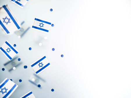 Israel. Independence Day. National flag on a white foggy background. The concept of freedom, memory...