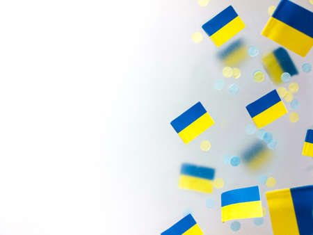 August 24, Ukraine happy Independence Day. National holiday. The concept of freedom, patriotism and memory. Flags on a foggy backgroundの写真素材