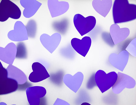 Very peri, hearts in trending color on a white foggy background. Cards for Valentines Day in purple...
