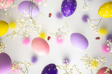Easter eggs of delicate colors, pink, purple, yellow with white flowers on a transparent foggy background. Bright Easter Holidayの写真素材