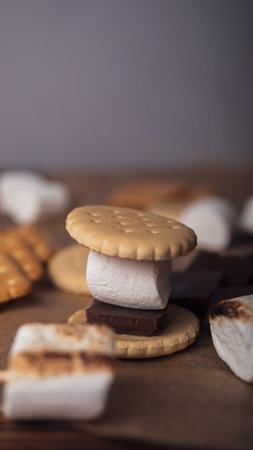 marshmallows, chocolate and cookies for making smore on brown background. view from above. copy...