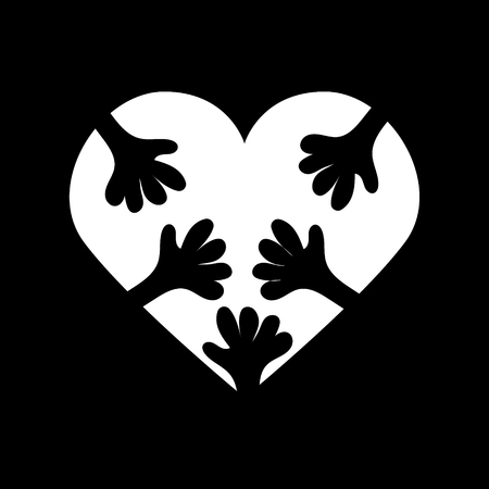 Vector icon of white heart with many hands hugging it on black backgroundのイラスト素材
