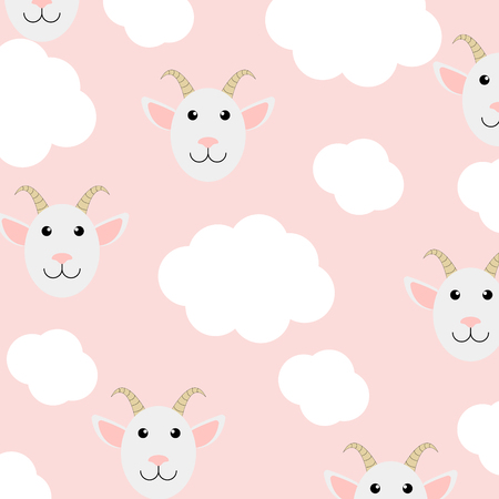 Cute goat seamless pattern with white clouds on pink backgroundのイラスト素材