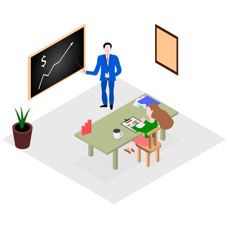 A businessman explains by drawing on a blackboard a chart of the company's development strategy by her employee to a manager sitting at a table with documents.Vector isometry flat illustrationのイラスト素材
