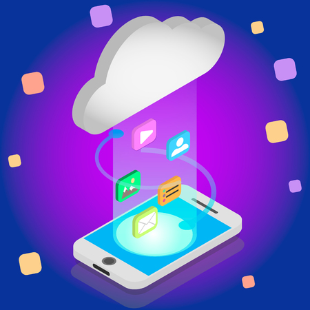 Isometric cloud storage concept. Synchronization backend cloud data storage with smartphone on. Data transfer upload-download process. Vector 3d isometric illustration.Ultra violet backgroundのイラスト素材