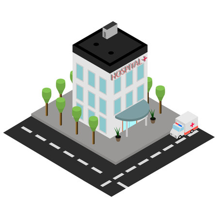 Isometric vector hospital with ambulance auto. Emergency paramedic center with exterior isometric illustration.White backgroundのイラスト素材