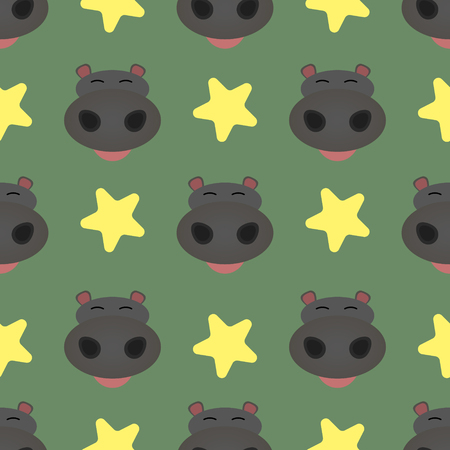 vector image of seamless pattern of hippos and stars on green backgroundのイラスト素材