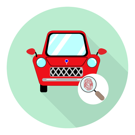 flat car icon with magnifying glass icon and fingerprint opening symbol on green background with shadowのイラスト素材