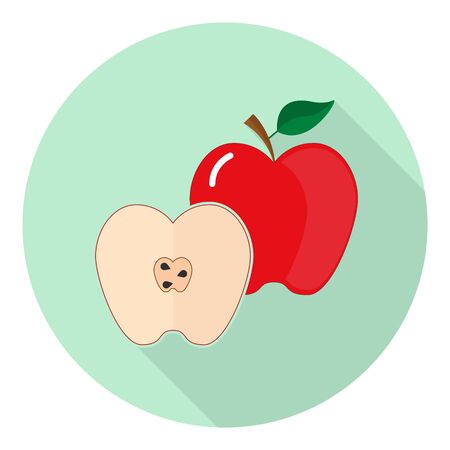 flat icon of red apple and its halves with seeds on green backgroundのイラスト素材