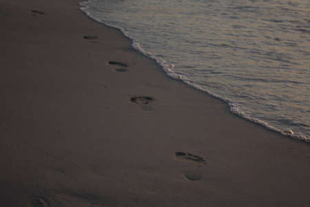 Footsteps on the beach sandの写真素材