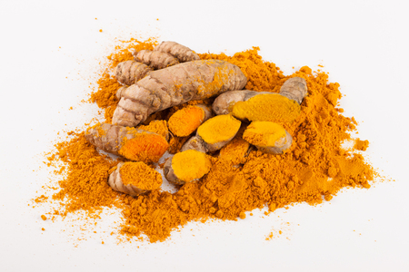 Turmeric roots with turmeric powder. Spice symbol. For food design, restaurant, store, market, health care products. Can be used as logo, price tag, labelの写真素材