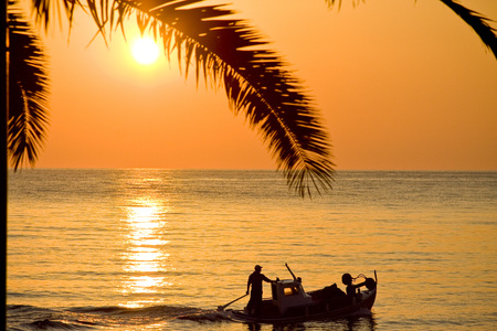 Sunset boat and palm treeの写真素材