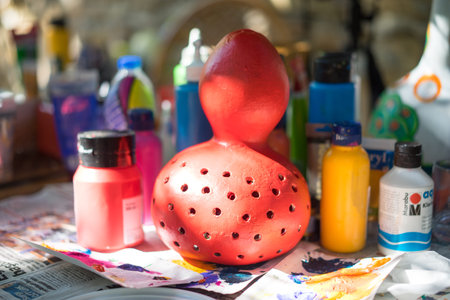 ANTALYA, TURKEY - JUNE 25, 2017: Pumpkin shells for creation of interesting elements of interior design - lamps and shades, covered with patterns and pictures, on June 25 in Antalya.のeditorial素材