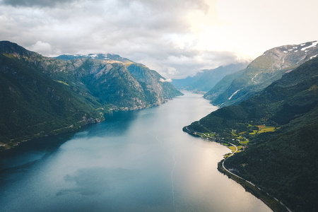 View to fjord and water from drone in Norwayの写真素材