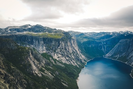 The view from the drone on the narrowest fjord in Norwayの写真素材