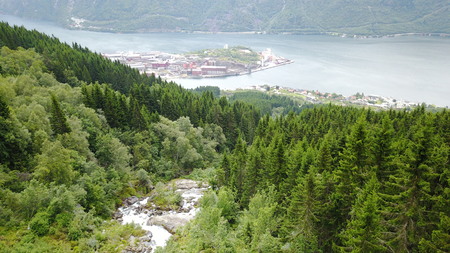 View to fjord and water from drone in Norwayの写真素材