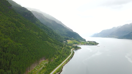 View to fjord and water from drone in Norwayの写真素材