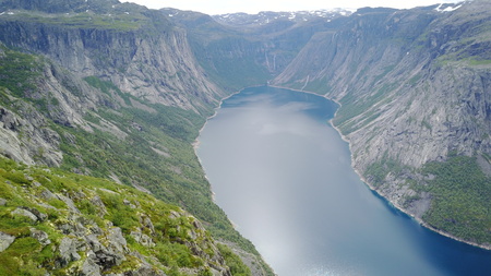 View to fjord and water from drone in Norwayの写真素材