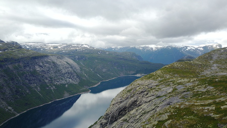 View to fjord and water from drone in Norwayの写真素材