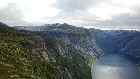 View to fjord and water from drone in Norwayの写真素材