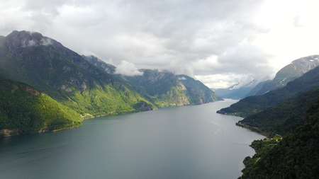 View to fjord and water from drone in Norwayの写真素材