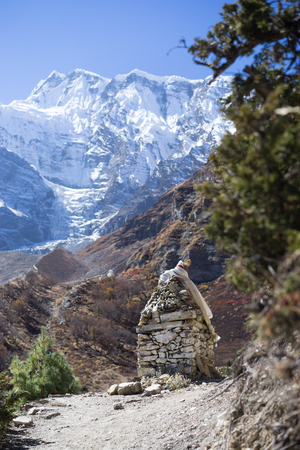 Snowcapped Peak and Forest in the Himalaya mountains, Annapurna region, Nepalの写真素材
