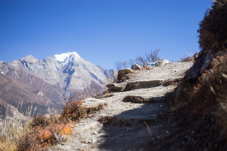 Path and Peak in the Himalaya mountains, Annapurna region, Nepalの写真素材
